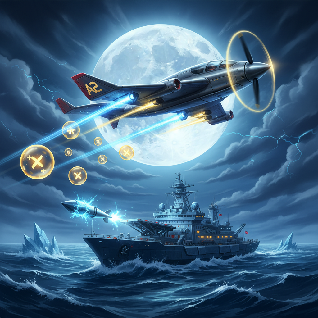 Aviamasters 2 — l'avion collecteur de multiplicateurs en vol au-dessus de l'océan avec un vaisseau cible