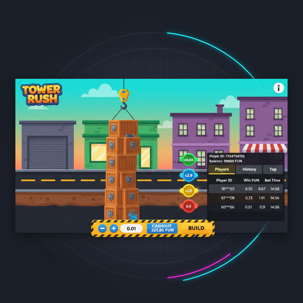 Tower Rush gameplay showing stacked wooden crates with shield emblems and multiplier badges